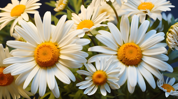 清新青春，白色雏菊与绿叶花园摄影图片