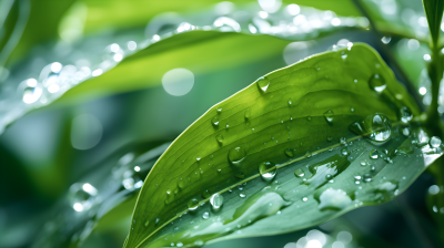 清新水滴覆盖的绿叶摄影图片