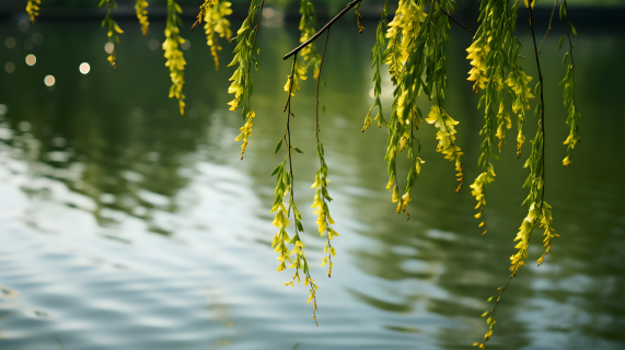 林边的静谧：垂柳花朵挂在池塘上摄影图