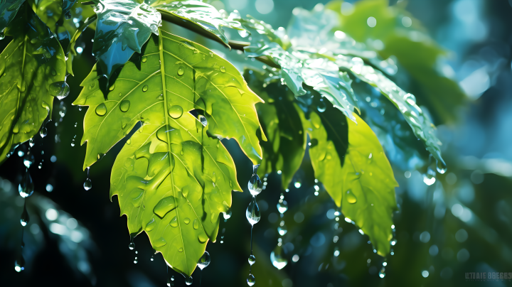 湿润的绿叶水珠摄影版权图片下载