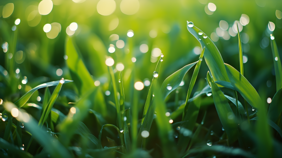 春天绿草与水滴的阳光反射摄影图