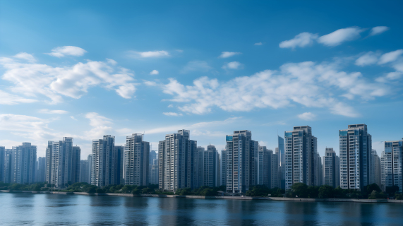 浙江湖泊上的高层建筑摄影图