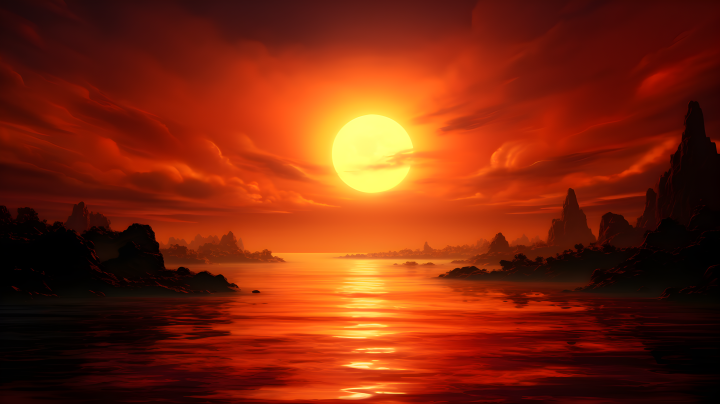 红日倾泻水面，宁静海天摄影图版权图片下载