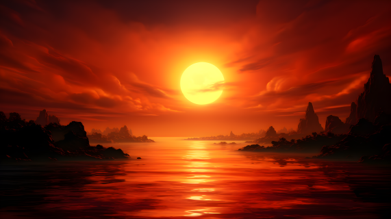 红日倾泻水面，宁静海天摄影图
