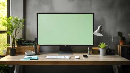 深银浅绿电脑屏幕棕色木桌上的摄影图片