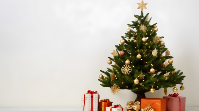 白色背景下的小圣诞树和礼物摄影图片