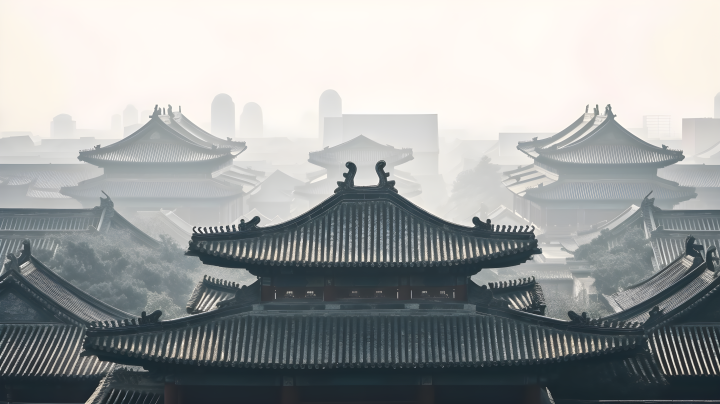 中国雾中古典建筑摄影版权图片下载