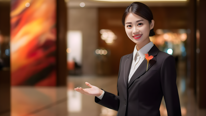 酒店接待亚洲女孩穿着制服站在酒店大堂摄影版权图片下载