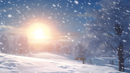 阳光照耀下的飘雪美景摄影图