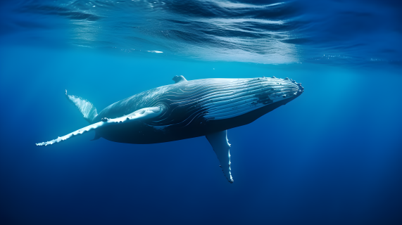斐济蓝色海洋中游动的座头鲸摄影图片