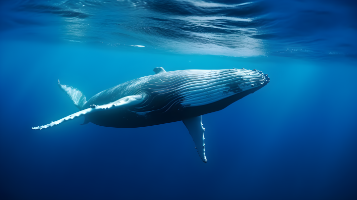 斐济蓝色海洋中游动的座头鲸摄影版权图片下载