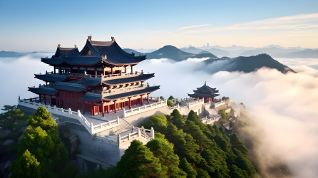 云端之上的中国寺庙古木雕摄影图