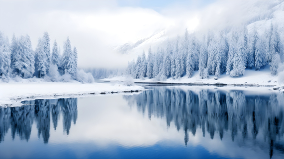 冬季自然风景图：雪覆盖的树木和湖泊