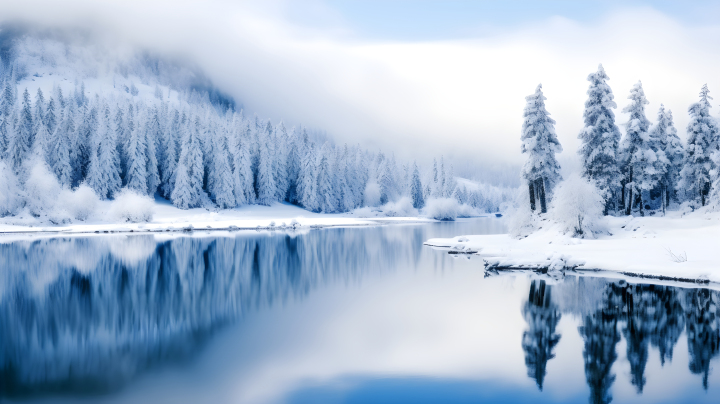 冬季自然风光：白色与蓝色的雪景树木和湖泊摄影图版权图片下载