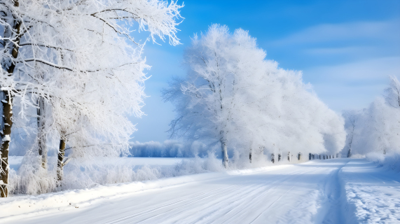 冬日风景美景明亮蓝天下的雪地公路摄影图