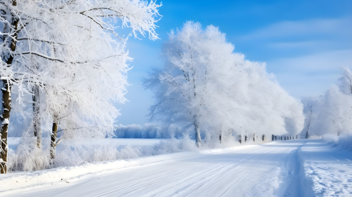 冬日风景美景明亮蓝天下的雪地公路摄影图版权图片下载