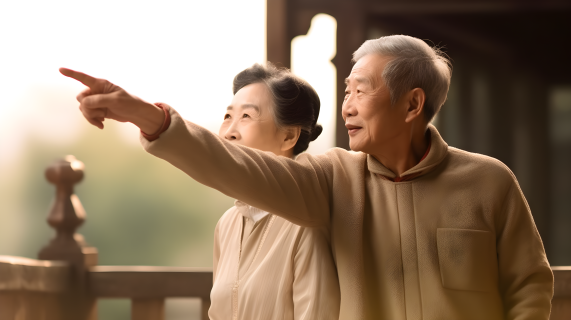 中国老夫妇手指示一侧，宁静优美的摄影图片