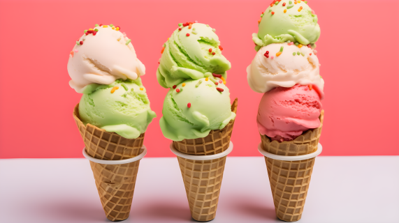 粉色背景上的绿色和彩色冰淇淋筒，带有洒粉的白色展台摄影图片