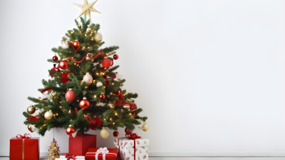 冬日白色背景下的小圣诞树与礼物摄影图片