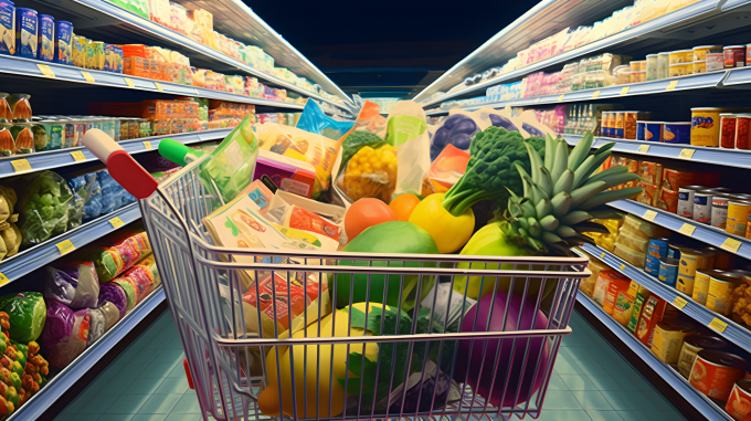 超市购物车充满美食的摄影图片