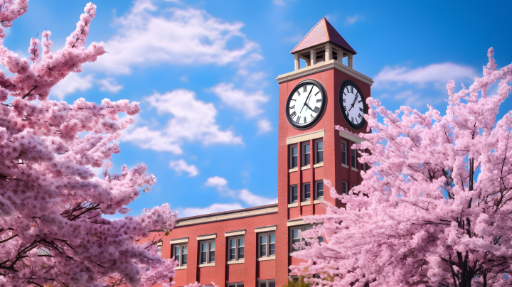 樱花飘落的红砖建筑，顶部有时钟的摄影版权图片下载