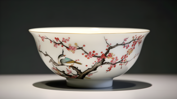 中国风亚洲鸟花茶杯精准绘画影像