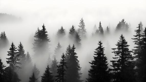 雾中松树黑白摄影图片