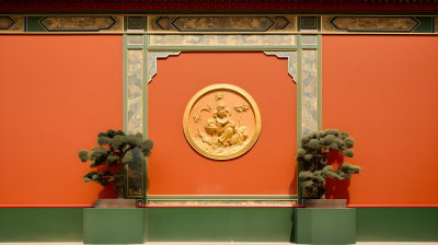 清朝风格的红绿墙与中央雕像摄影图片