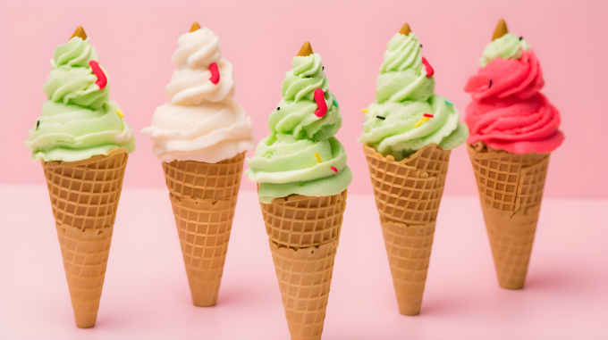 粉色背景上绿色和彩色的冰淇淋甜筒配有白色架子，飘洒着彩色糖屑的摄影图片