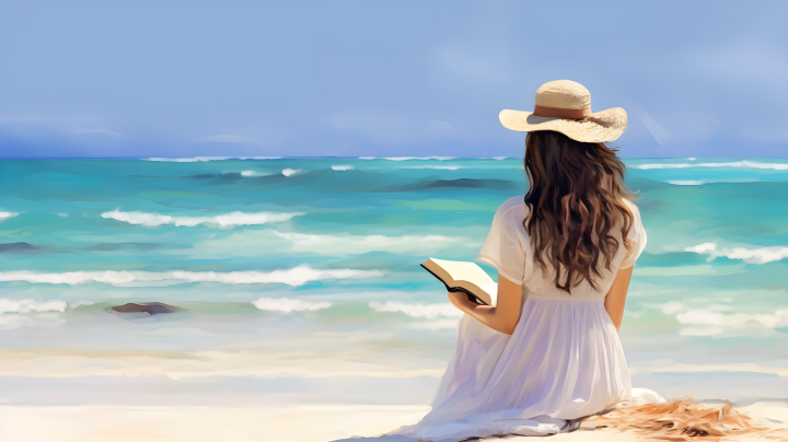 沙滩上一位女性阅读书籍的宁静海洋主题摄影图版权图片下载