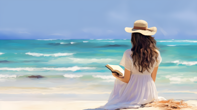 沙滩上一位女性阅读书籍的宁静海洋主题摄影图