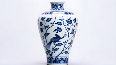 白色背景蓝白花鸟纹花瓶摄影图片