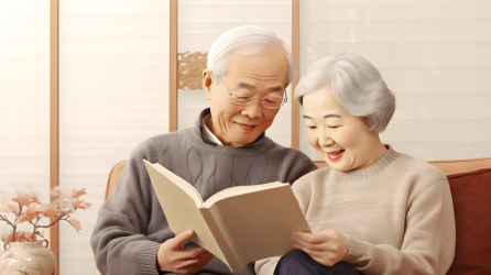 亚洲风情灰铜色夫妇阅读摄影图片