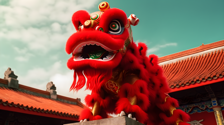 红色中国式狮子楼顶摄影图版权图片下载