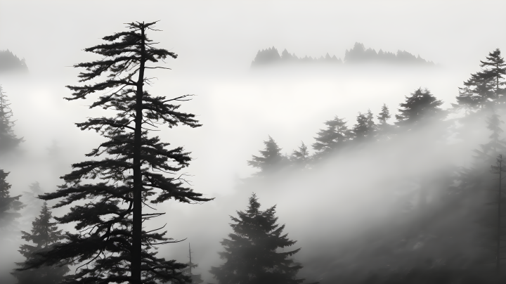 迷雾中的松树摄影图版权图片下载