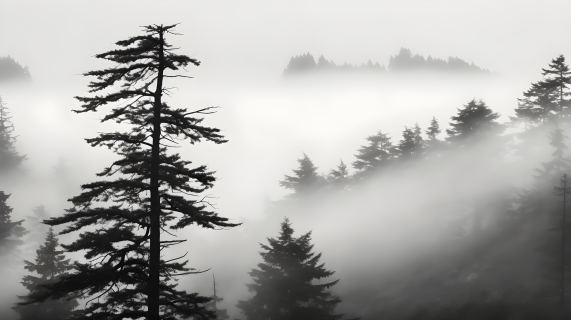 迷雾中的松树摄影图