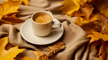 秋叶咖啡杯摄影图片