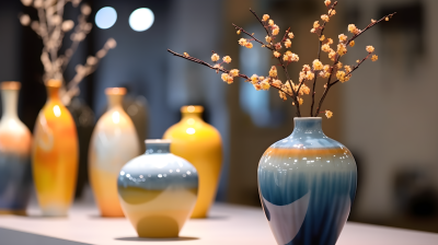 夢幻光青与光琥珀陶瓷花瓶展示摄影图