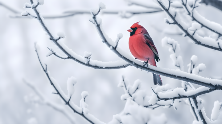 白雪枝上的红色鸟摄影图版权图片下载