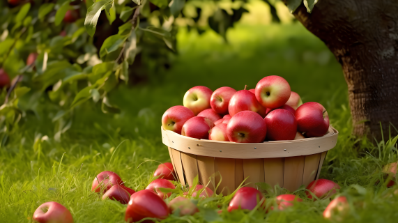草地上红苹果篮子的摄影图片
