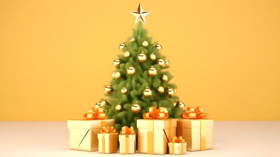 圣诞树金色礼物在浅黄色背景上的摄影图片