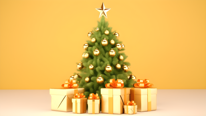 圣诞树金色礼物在浅黄色背景上的摄影版权图片下载