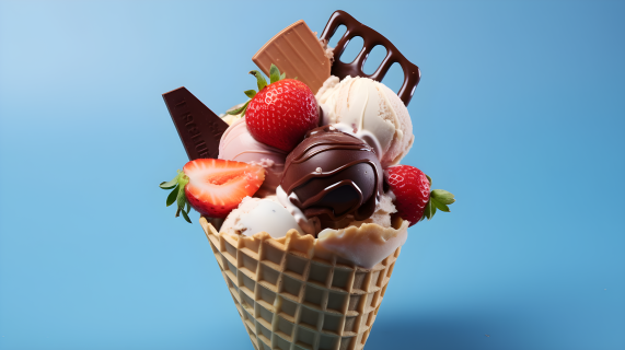 巧克力草莓冰淇淋在蓝色背景上的摄影图片