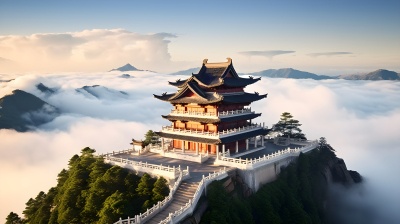 云中木雕：中国山顶寺庙摄影图片