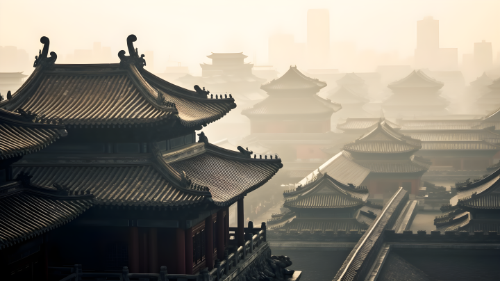 中国雾中古典建筑摄影图版权图片下载