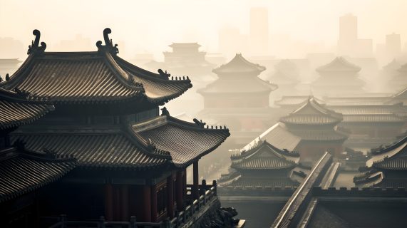 中国雾中古典建筑摄影图