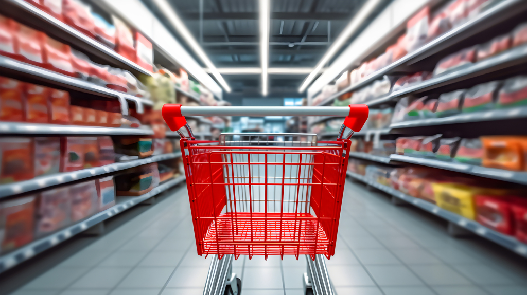 红灰色超市通道中的购物车摄影版权图片下载