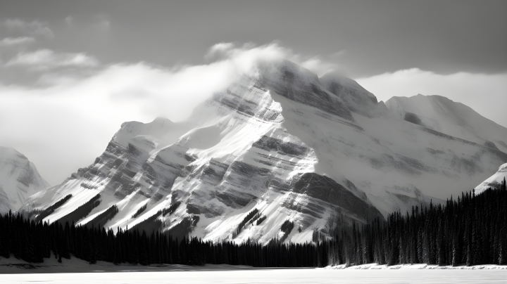 加拿大当代艺术风格的黑白雪山摄影图版权图片下载