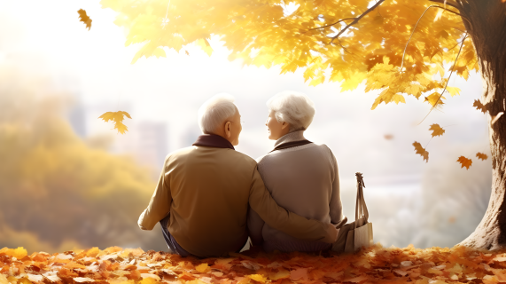 秋日里老年夫妇观落叶摄影图片