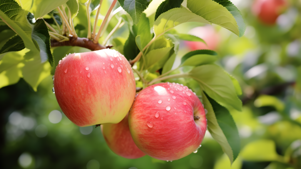 树上挂着两排苹果的摄影版权图片下载